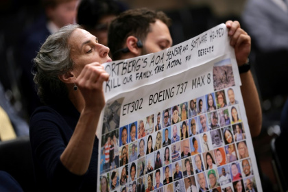 Family members of victims of the Ethiopian Airlines Boeing 737 MAX 8 crash protest on April 2, 2025 in Washington, DC