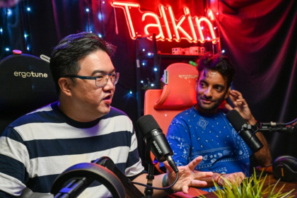 Terence Chia (L) and Haresh Tilani (R) interview Singaporean opposition politicians for their podcast - Roslan RAHMAN