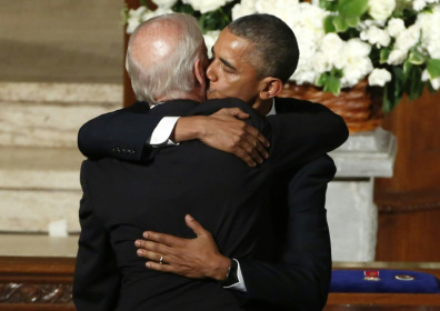 Former US president Barack Obama hugs Biden during the funeral of his son, Beau, who died of an aggressive form of brain cancer in 2015 - PATRICK KOVARIK, KENZO TRIBOUILLARD, Pablo MARTINEZ MONSIVAIS, YURI GRIPAS, DUCHESS OF CAMBRIDGE (AFP)