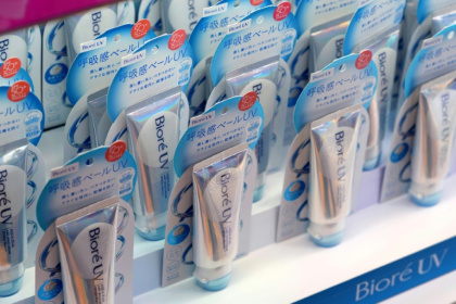 Sunscreen products displayed at a major drug store in Tokyo's Shibuya district. The sunscreen brand Biore UV is ranked 10th worldwide for sales, and second in Asia - Kazuhiro NOGI (AFP)