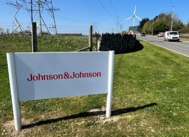 A sign for US pharmaceutical giant  Johnson and Johnson in Ringaskiddy, near Cork, southern Ireland, an area which has attracted many US pharma giants in recent years - Peter MURPHY (AFP)