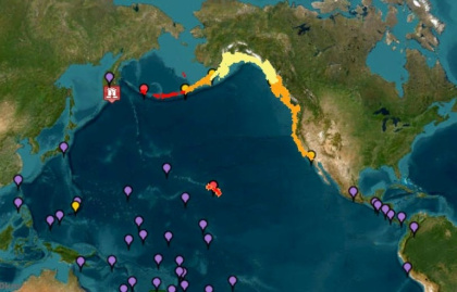 This image courtesy of the National Oceanic and Atmospheric Administration's Tsunami Warning System shows tsunami warnings (red), advisories (orange) watches (yellow) and threats (purple) after an 8.7 earthquake hit off of Russia's far east - - (AFP)