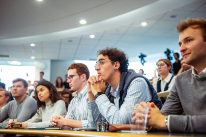 Harvard students listen to French Foreign Minister Jean-Noel Barrot speak at the university's Belfer Center for Science and International Affairs on September 25, 2025 - JOSEPH PREZIOSO (AFP)