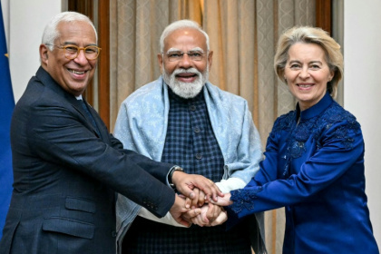 EU chiefs Ursula von der Leyen (R) and Antonio Costa were given a red-carpet welcome by Indian Prime Minister Narendra Modi for the signing of a massive trade deal - Sajjad HUSSAIN (AFP)