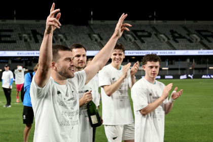 New Zealand’s Tim Payne celebrates after their victory during the FIFA World Cup 2026 Oceania qualifiers group final football match between New Zealand and New Caledonia at Eden Park Stadium in Auckland on March 24, 2025. - DAVID ROWLAND (AFP)